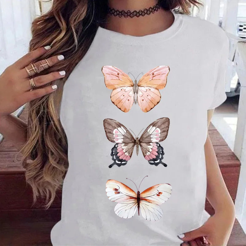 Women’s Butterfly Tree Print Harajuku T-Shirt – Black Round Neck Summer Casual Top