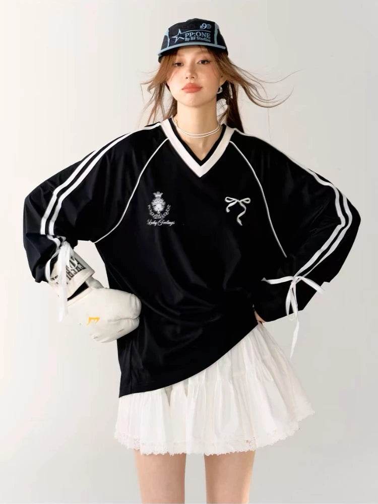 Oversized V-Neck Jersey Graphic Tee – Vintage Y2K Long Sleeve Sports Top for Women - Stylemein