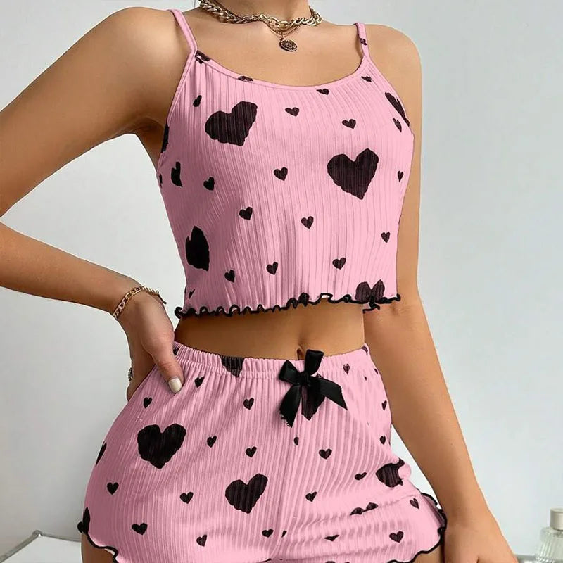 Women’s 2-Piece Pajama Set – White Love Print Tank Top & Shorts Sleepwear