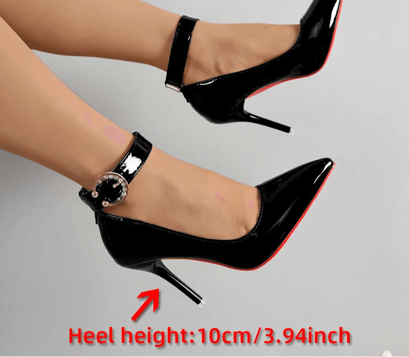 10cm Stiletto Heels – Metal Belt Buckle Rivet Pumps, Red & Black Party Shoes, Size 35–53 - Stylemein