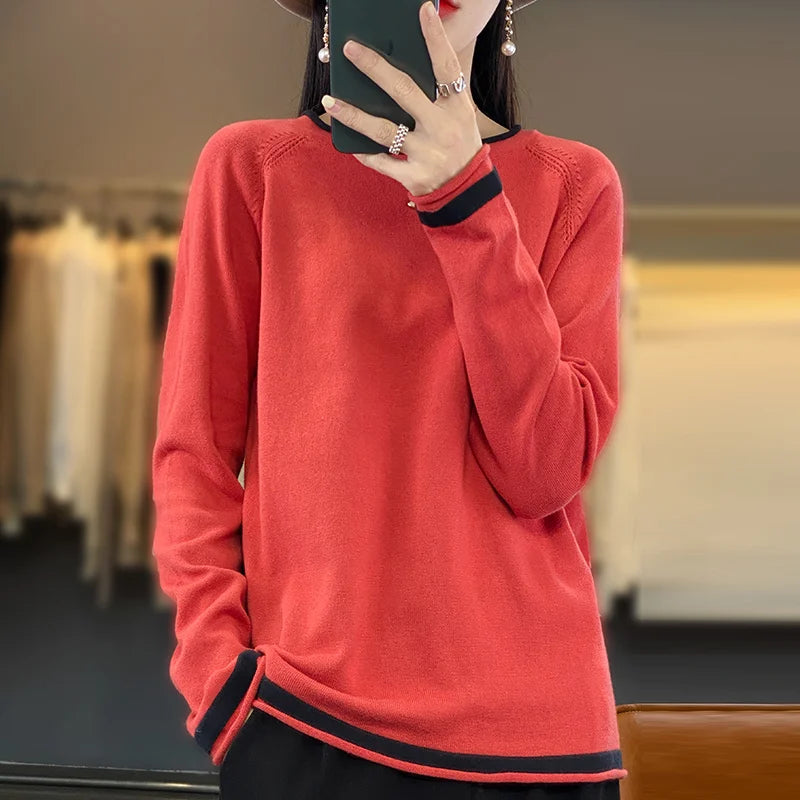 Cotton Knit Sweater – Loose Round Neck Color Block Top