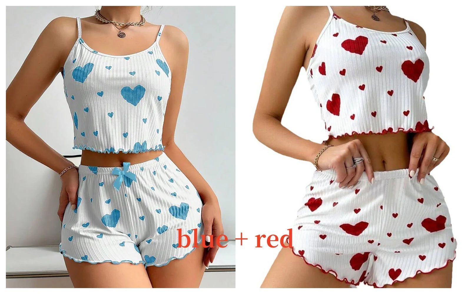 Women’s 2-Piece Pajama Set – White Love Print Tank Top & Shorts Sleepwear