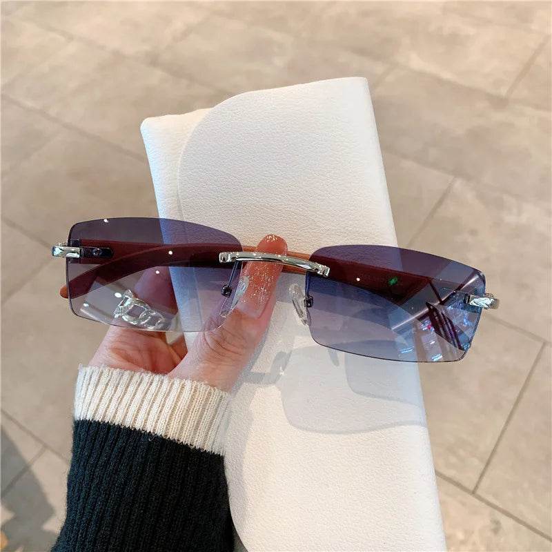 Stylemein - Rimless Wooden Pattern Sunglasses – Retro UV400 Shades for Men & Women