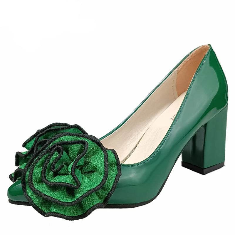 7cm Square Heel Patent Leather Pumps – Dark Green Floral Pointed Toe Shoes - Stylemein