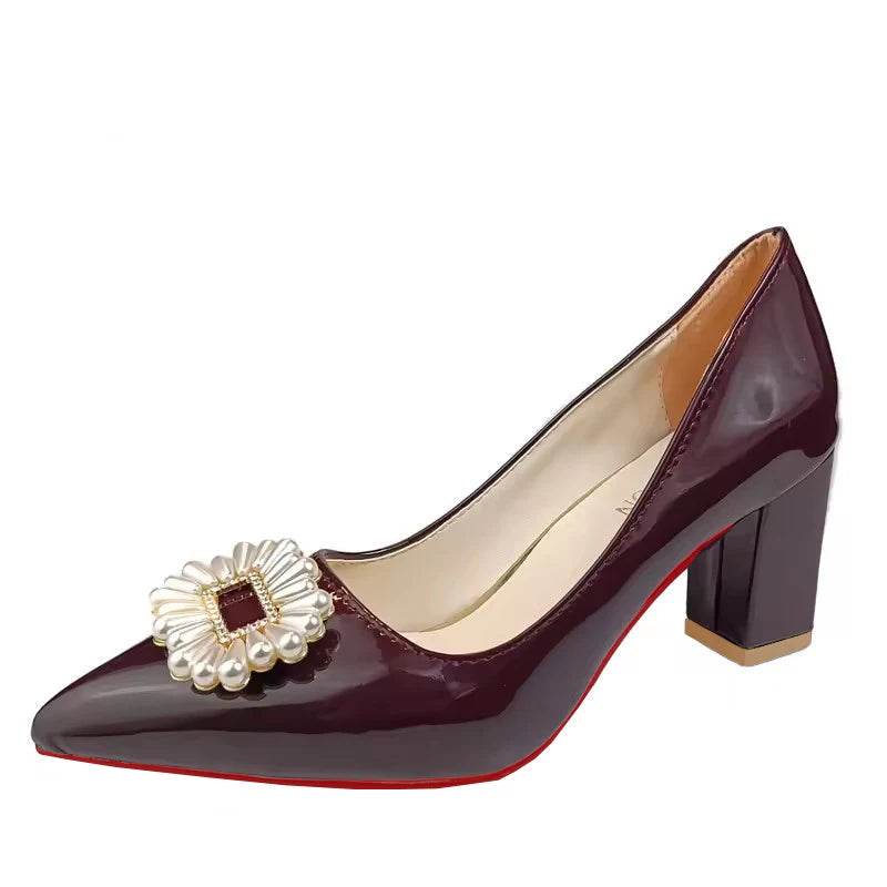 Baby Pink Pearl Crystal Pumps – Chunky Heel Dress Shoes with Buckle, Size 35–53, Luxury Style for Adults & Teens - Stylemein