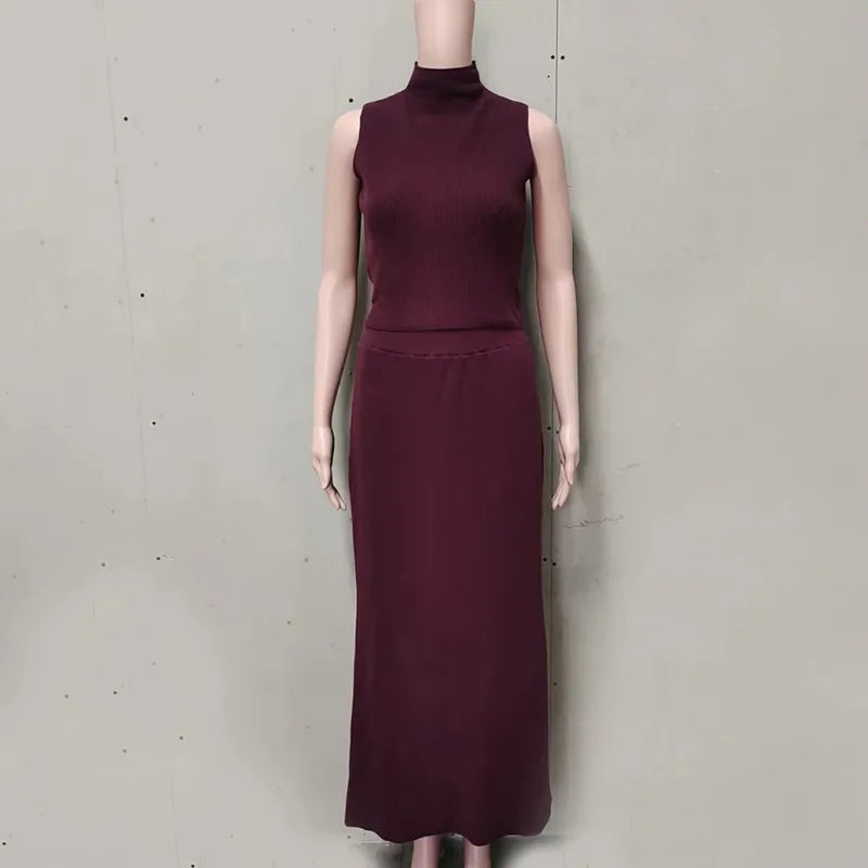 Elegant Knitted Two-Piece Set for Women – Turtleneck Vest & Slim Skirt