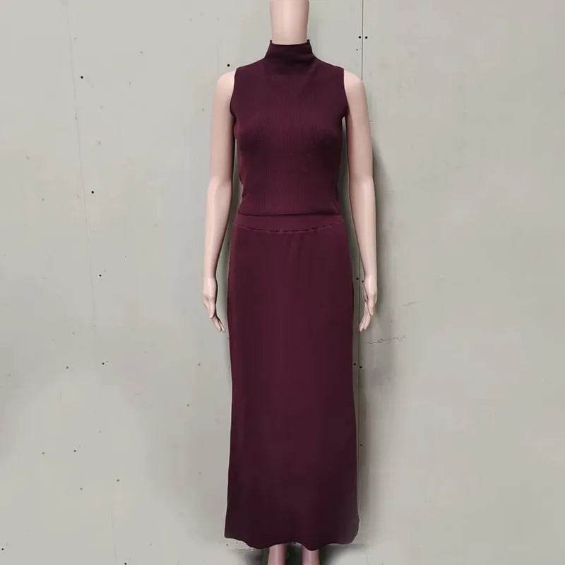 Stylemein - Elegant Knitted Two-Piece Set for Women – Turtleneck Vest & Slim Skirt