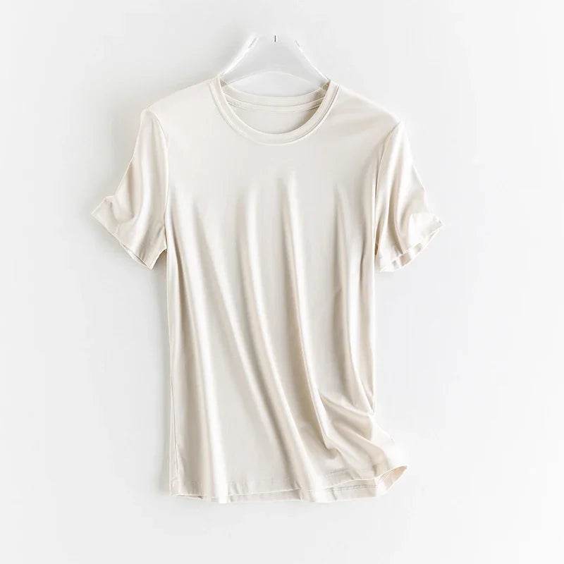 Luxury Silk & Mercerized Cotton Women’s T-Shirt – Short Sleeve Silky Feel V/O-Neck Summer Top - Stylemein