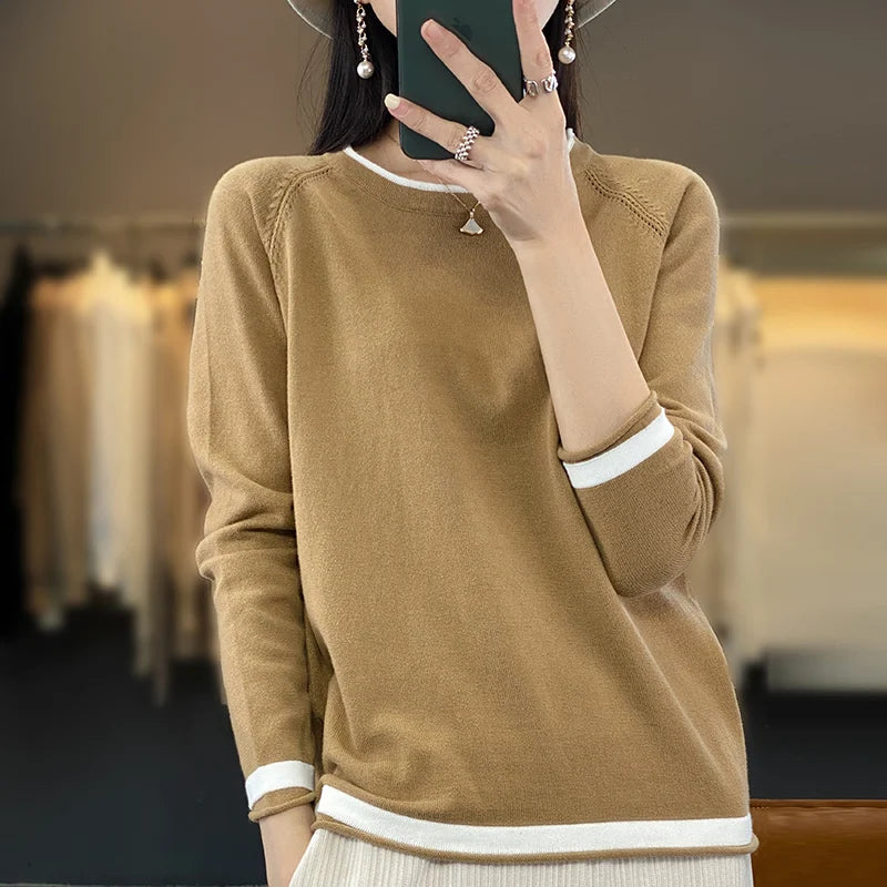 Cotton Knit Sweater – Loose Round Neck Color Block Top