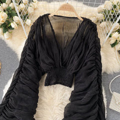 Sexy women’s chiffon blouse with folded detailing for parties

