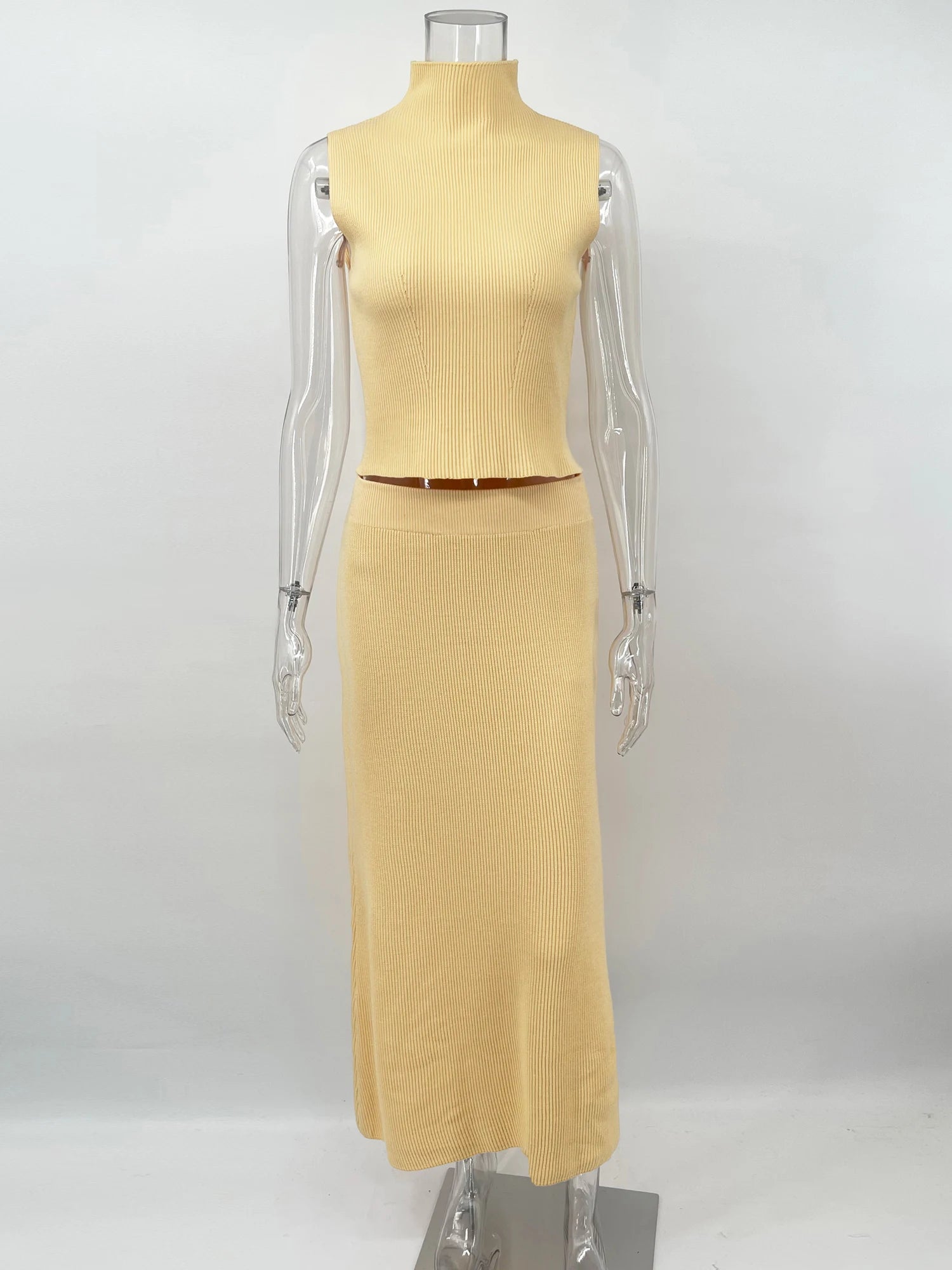 Elegant Knitted Two-Piece Set for Women – Turtleneck Vest & Slim Skirt