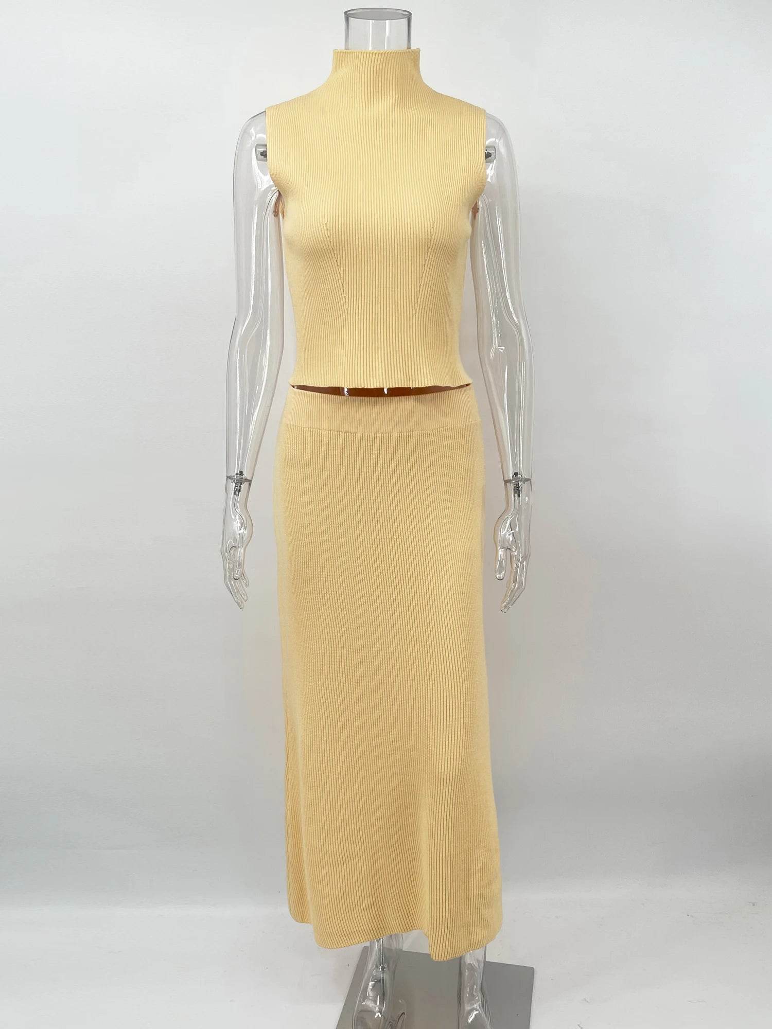 Stylemein - Elegant Knitted Two-Piece Set for Women – Turtleneck Vest & Slim Skirt