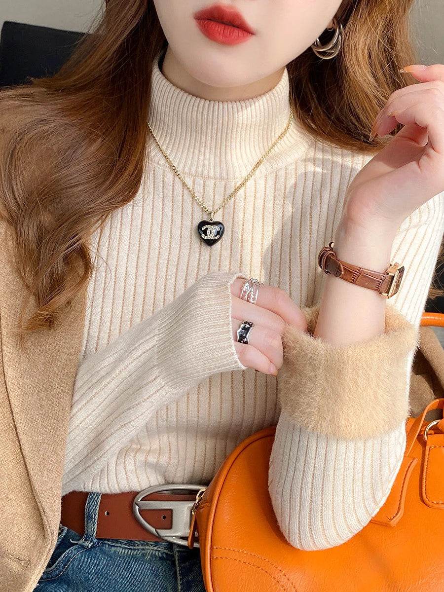 Velvet-Lined Thermal Turtleneck – Retro Red Knitted Winter Sweater - Stylemein
