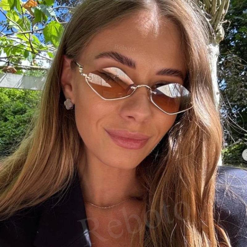 Stylemein - Small Polygonal Sunglasses for Women – Vintage Metal Half Frame Cat Eye Shades