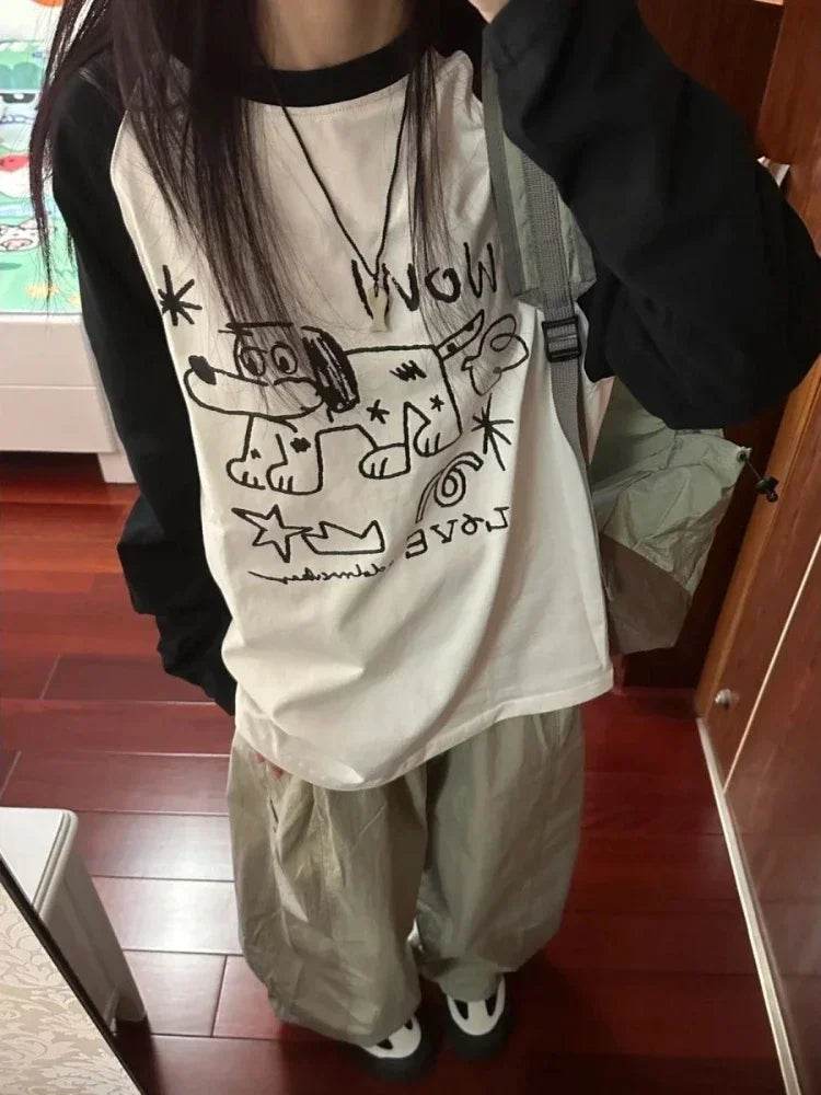 Kawaii Oversized Anime Graphic Long Sleeve Tee – Cute Y2K Japanese Preppy Style for Women - Stylemein