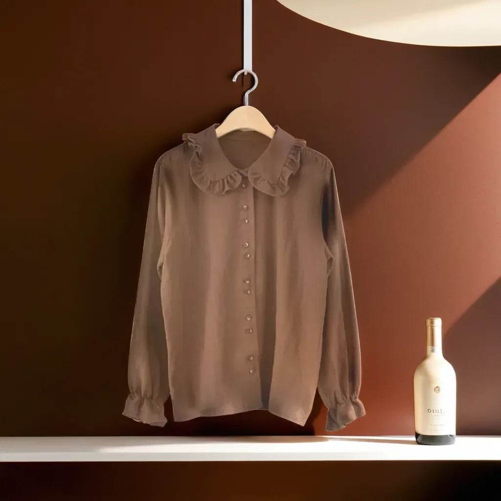 Basic Shirts Blouses Women Fashion Design Korean Preppy Style Flare Sleeve Peter Pan Collar White Button Shirt - Stylemein