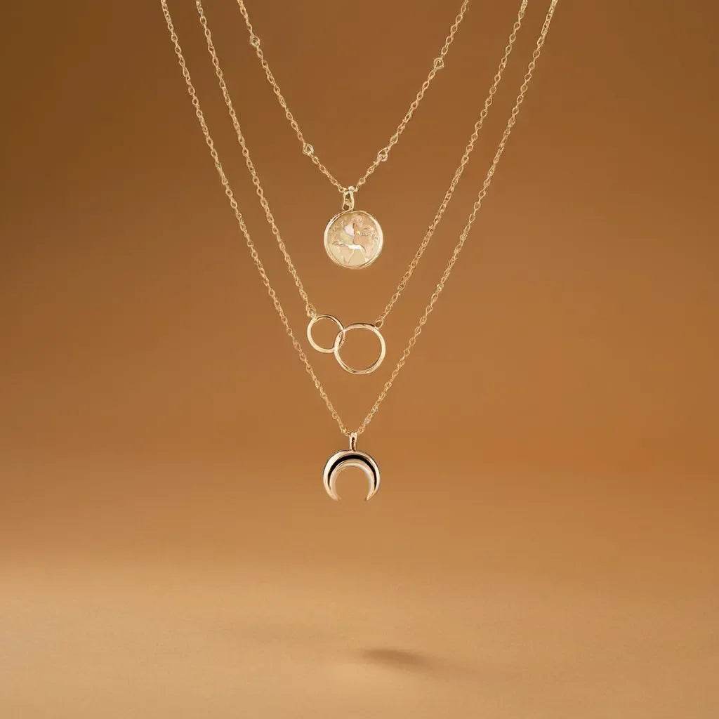 Retro Moon World Map Circle Pendant Multilayer Necklace - Fashion Party Charm Jewelry for Women - Stylemein