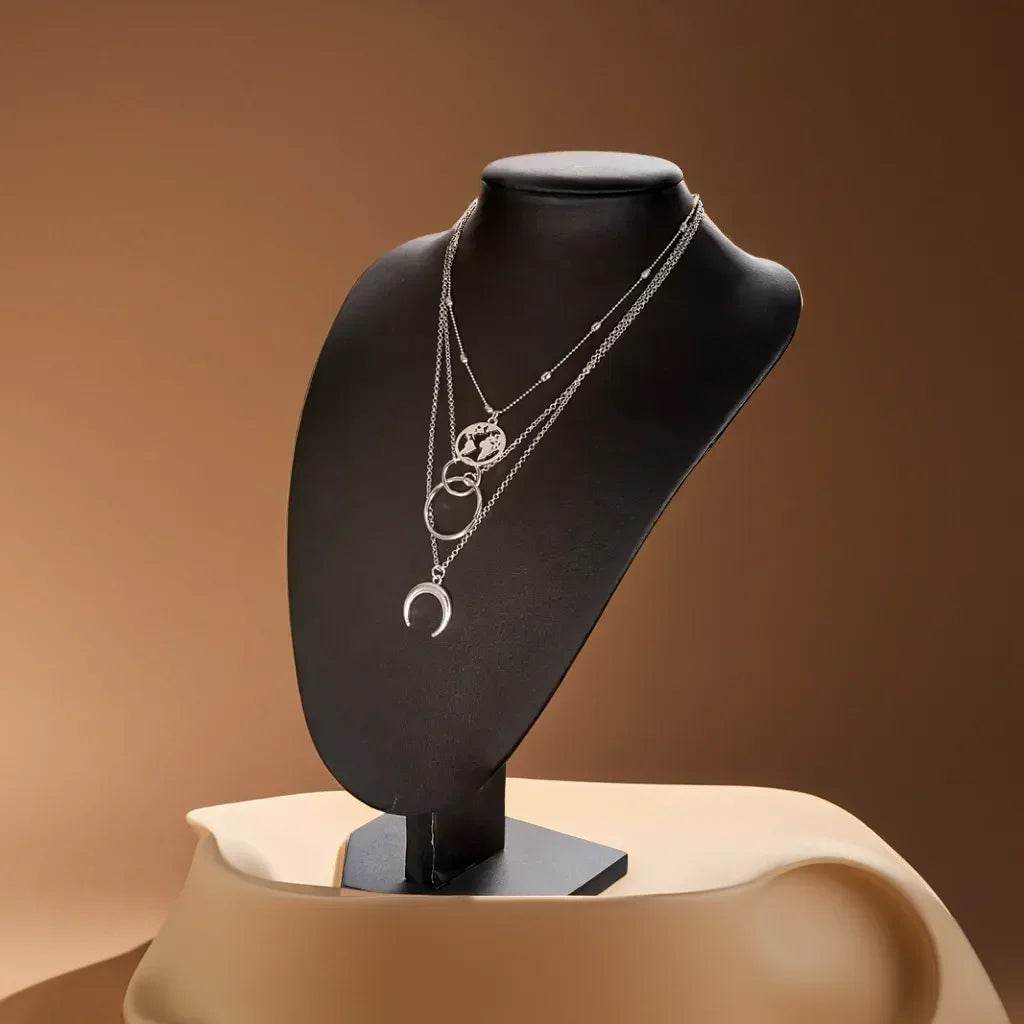 Retro Moon World Map Circle Pendant Multilayer Necklace - Fashion Party Charm Jewelry for Women - Stylemein