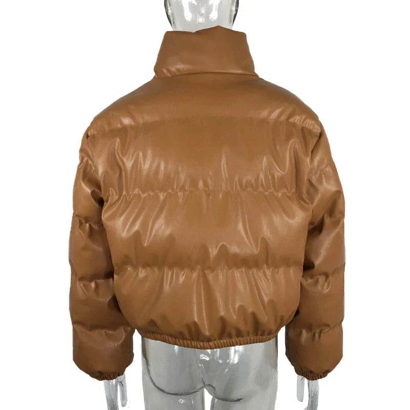 Stylish Women's Black PU Leather Winter Parka Coat - Thick, Warm, and Elegant with Zipper Closure - Stylemein