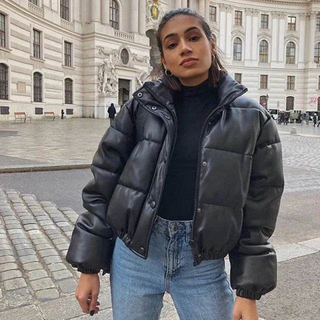 Stylish Women's Black PU Leather Winter Parka Coat - Thick, Warm, and Elegant with Zipper Closure - Stylemein