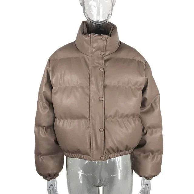 Stylish Women's Black PU Leather Winter Parka Coat - Thick, Warm, and Elegant with Zipper Closure - Stylemein