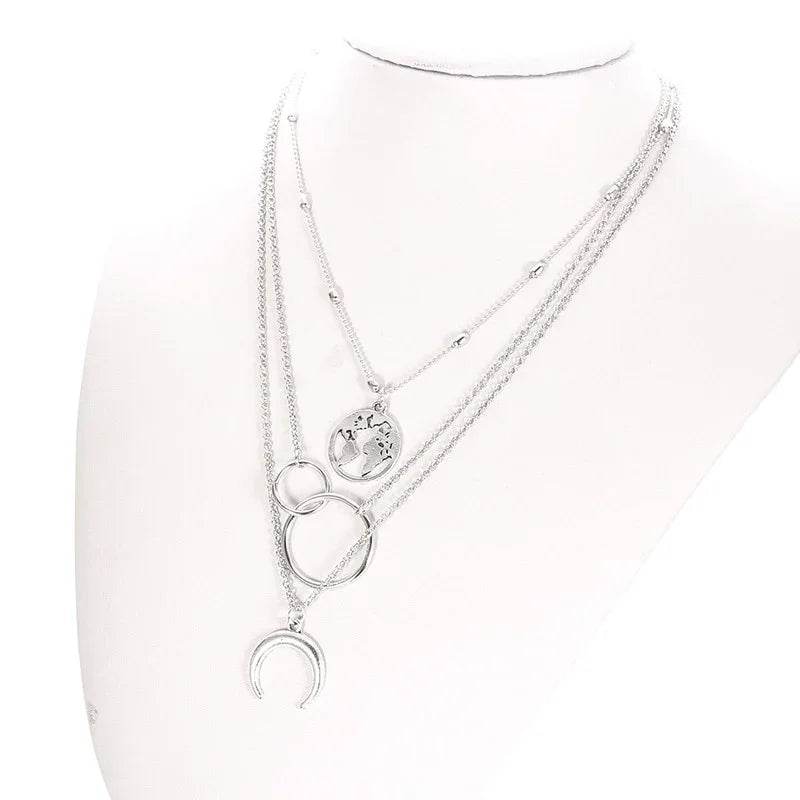 Retro Moon World Map Circle Pendant Multilayer Necklace - Fashion Party Charm Jewelry for Women - Stylemein