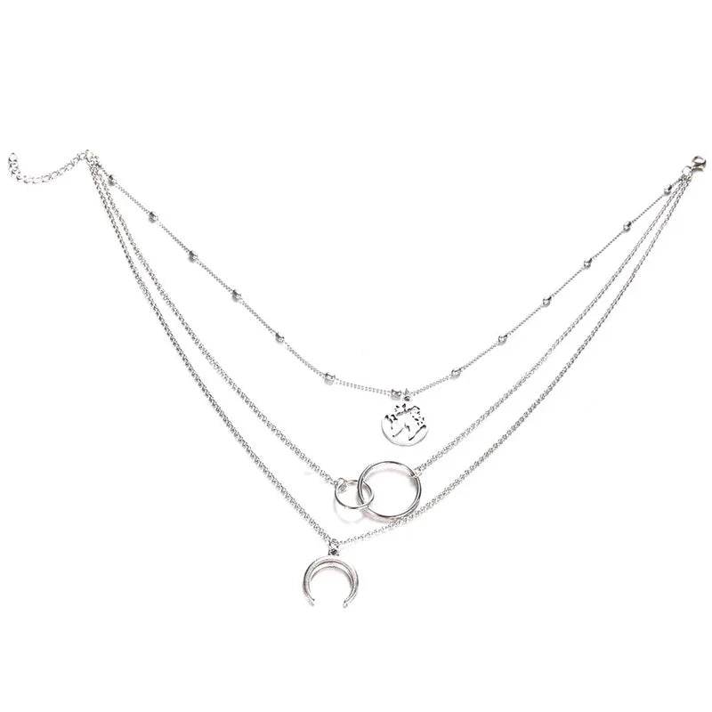 Retro Moon World Map Circle Pendant Multilayer Necklace - Fashion Party Charm Jewelry for Women - Stylemein