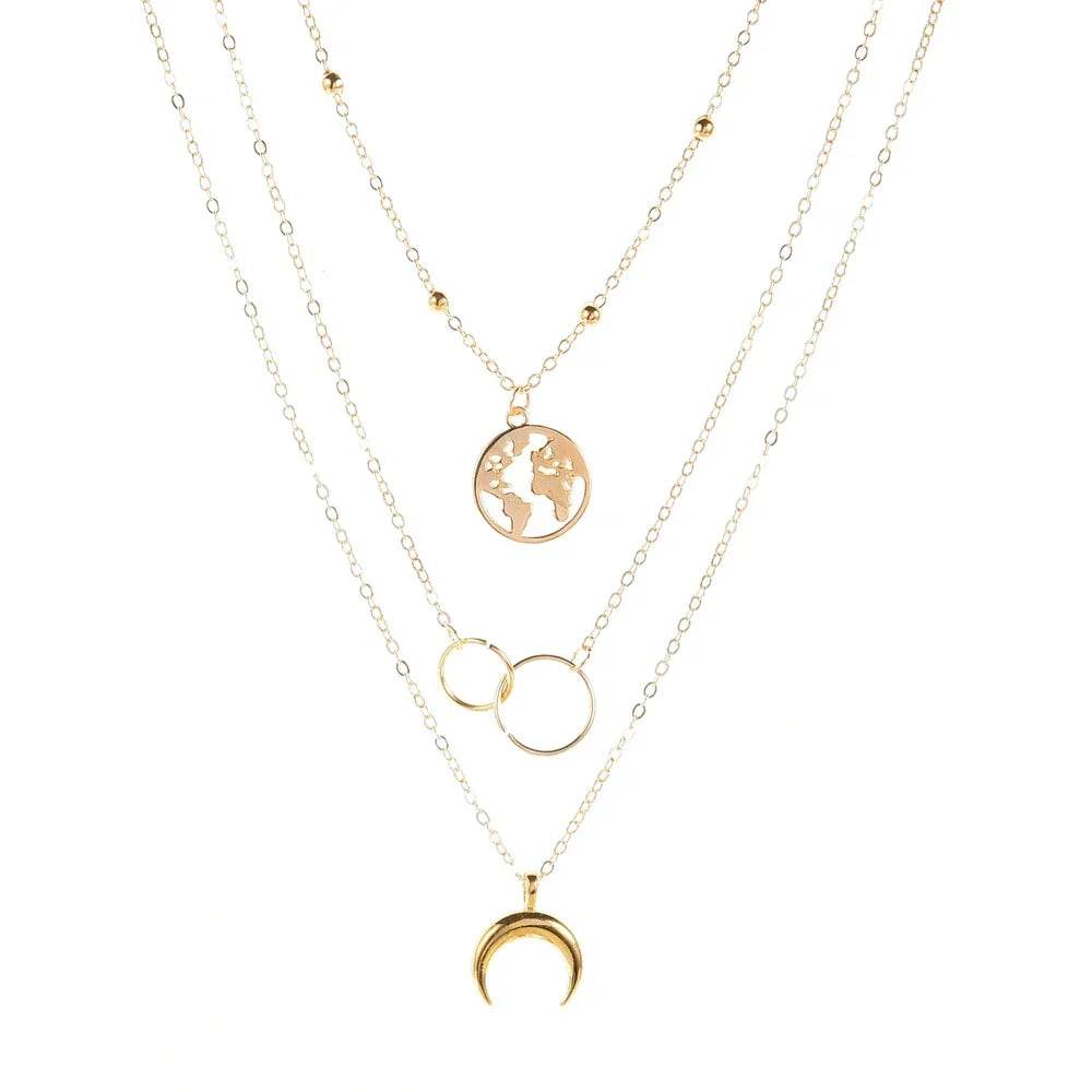 Retro Moon World Map Circle Pendant Multilayer Necklace - Fashion Party Charm Jewelry for Women - Stylemein