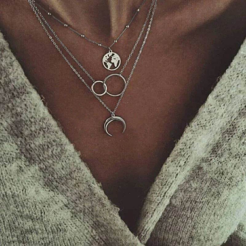 Retro Moon World Map Circle Pendant Multilayer Necklace - Fashion Party Charm Jewelry for Women - Stylemein