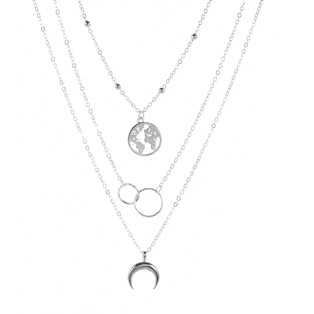 Retro Moon World Map Circle Pendant Multilayer Necklace - Fashion Party Charm Jewelry for Women - Stylemein