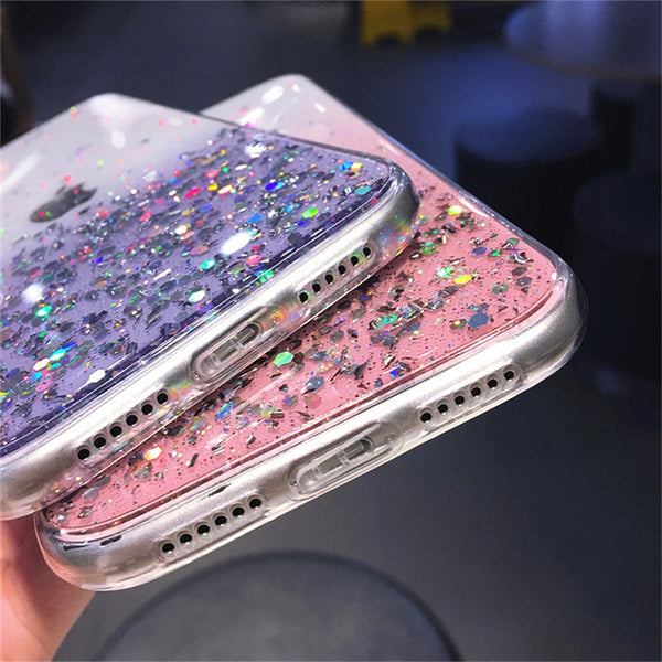 Clear Glitter Phone Case with Cute Gradient Rainbow Sequins for