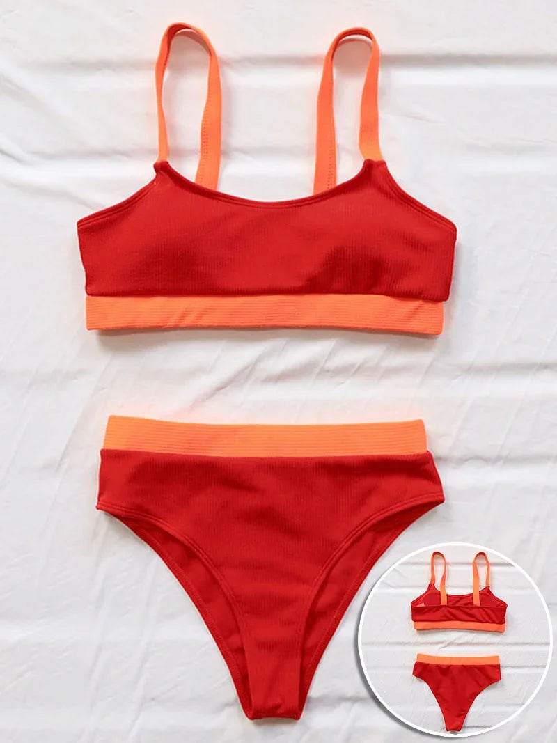 Get Beach-Ready with Our High Waist Ribbed Bikini Swimsuit Set - Shop Now for a Sexy and Stylish High Cut Bathing Suit for Women! - Stylemein