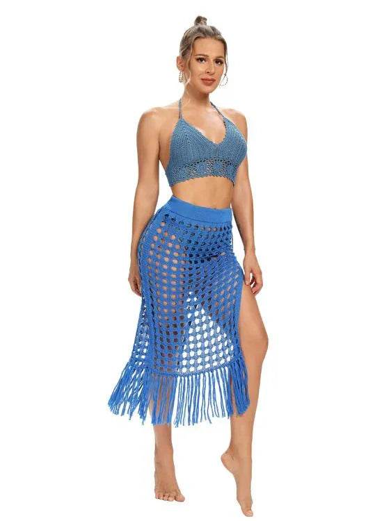 Get Summer-Ready with Our Hollow Out Crochet Cover Up Skirts Beach Maxi Skirt with Tassels - Perfect for Beach Vacations - Stylemein