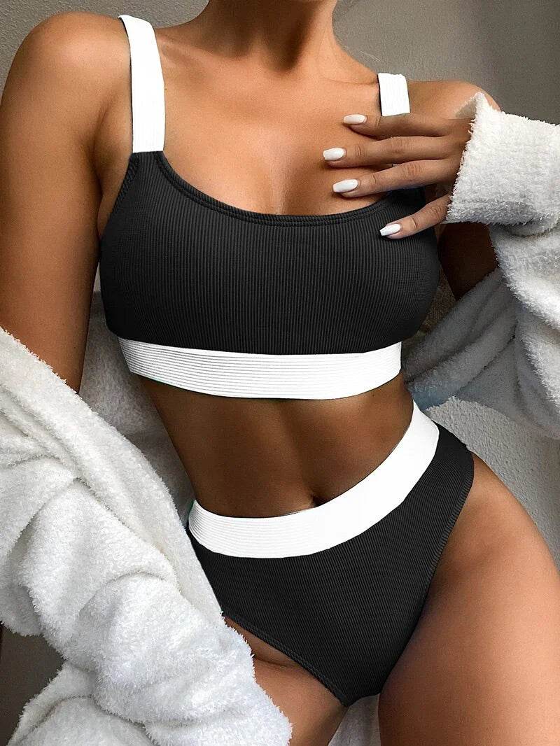 Get Beach-Ready with Our High Waist Ribbed Bikini Swimsuit Set - Shop Now for a Sexy and Stylish High Cut Bathing Suit for Women! - Stylemein