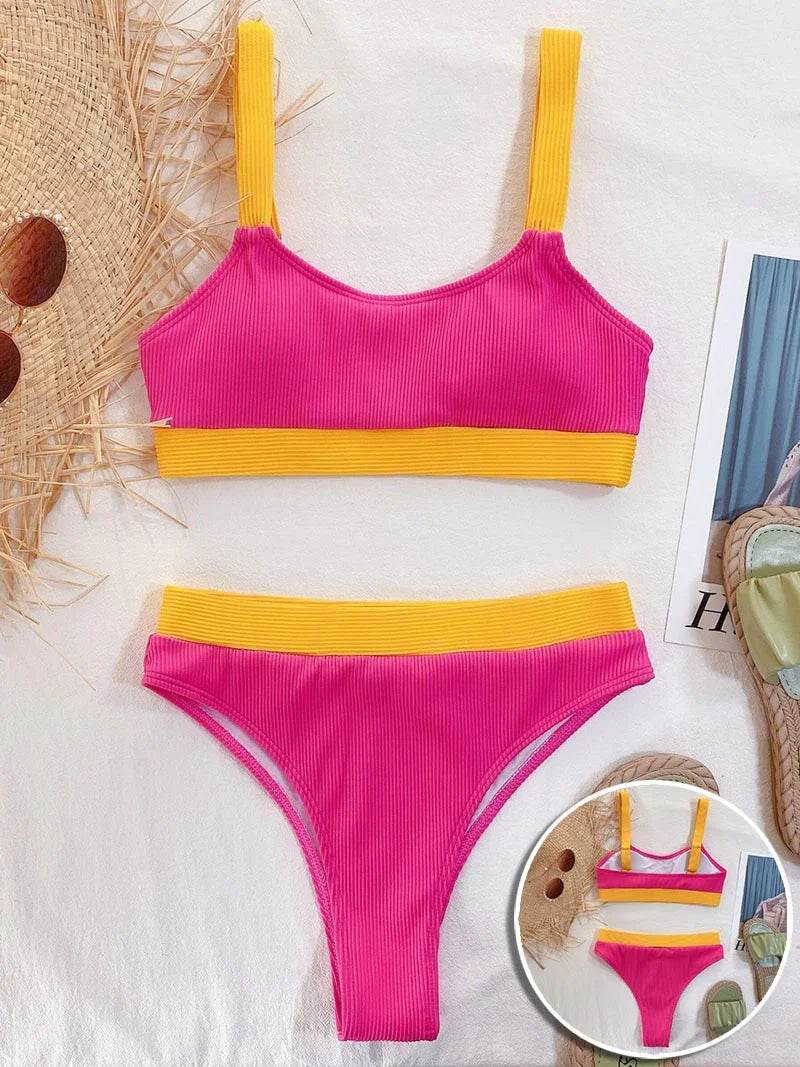 Get Beach-Ready with Our High Waist Ribbed Bikini Swimsuit Set - Shop Now for a Sexy and Stylish High Cut Bathing Suit for Women! - Stylemein