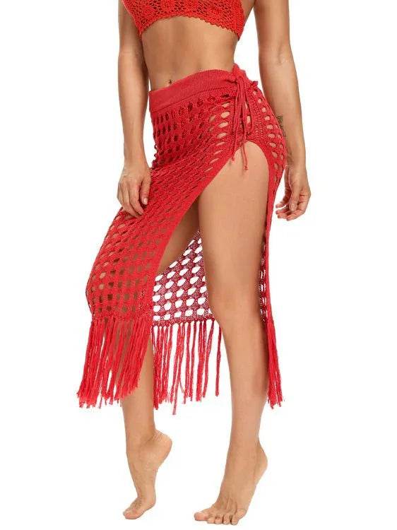 Get Summer-Ready with Our Hollow Out Crochet Cover Up Skirts Beach Maxi Skirt with Tassels - Perfect for Beach Vacations - Stylemein