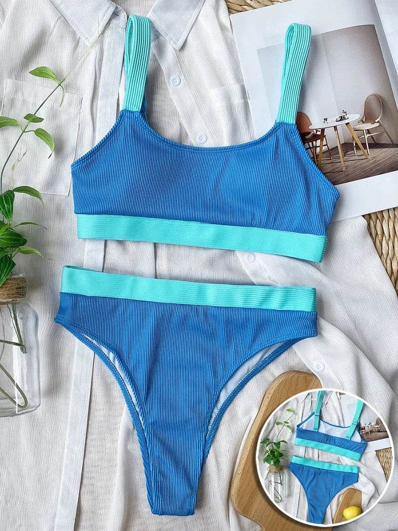 Get Beach-Ready with Our High Waist Ribbed Bikini Swimsuit Set - Shop Now for a Sexy and Stylish High Cut Bathing Suit for Women! - Stylemein