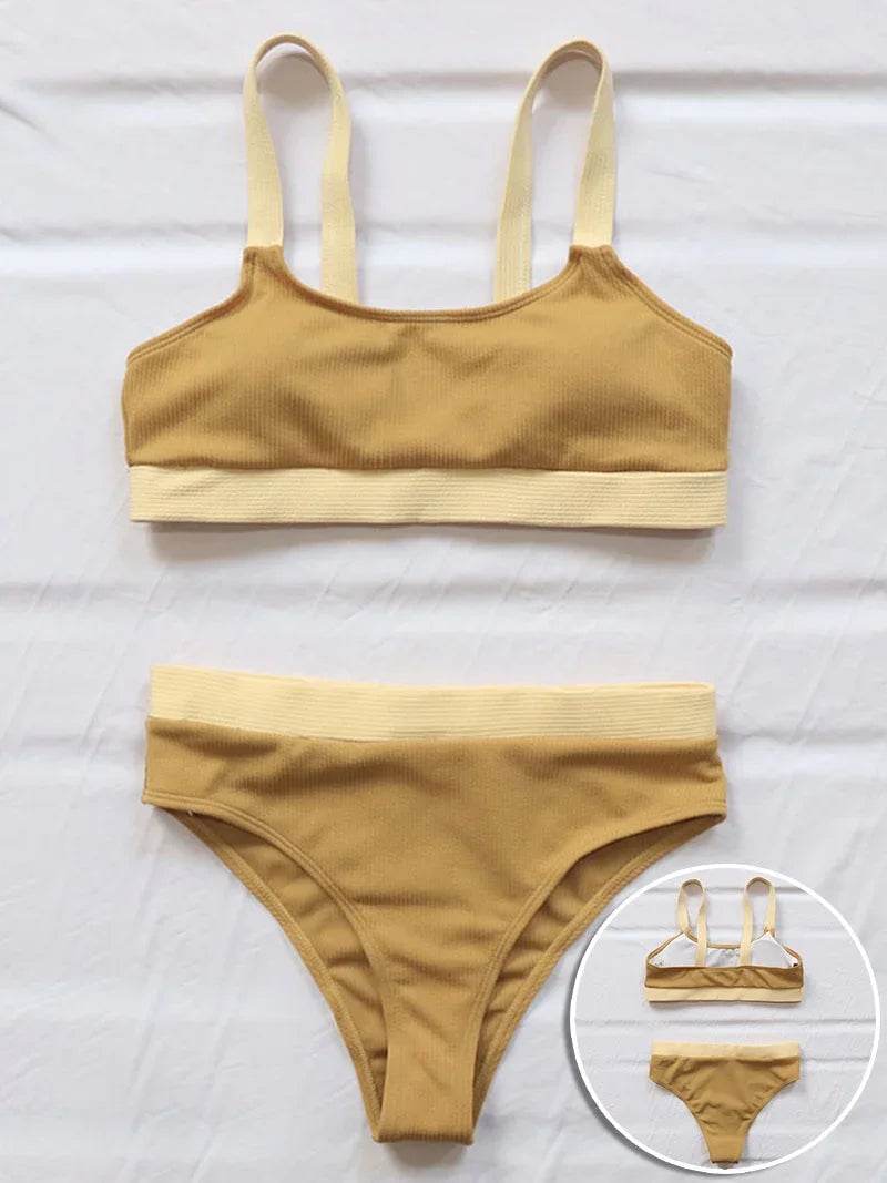 Get Beach-Ready with Our High Waist Ribbed Bikini Swimsuit Set - Shop Now for a Sexy and Stylish High Cut Bathing Suit for Women! - Stylemein