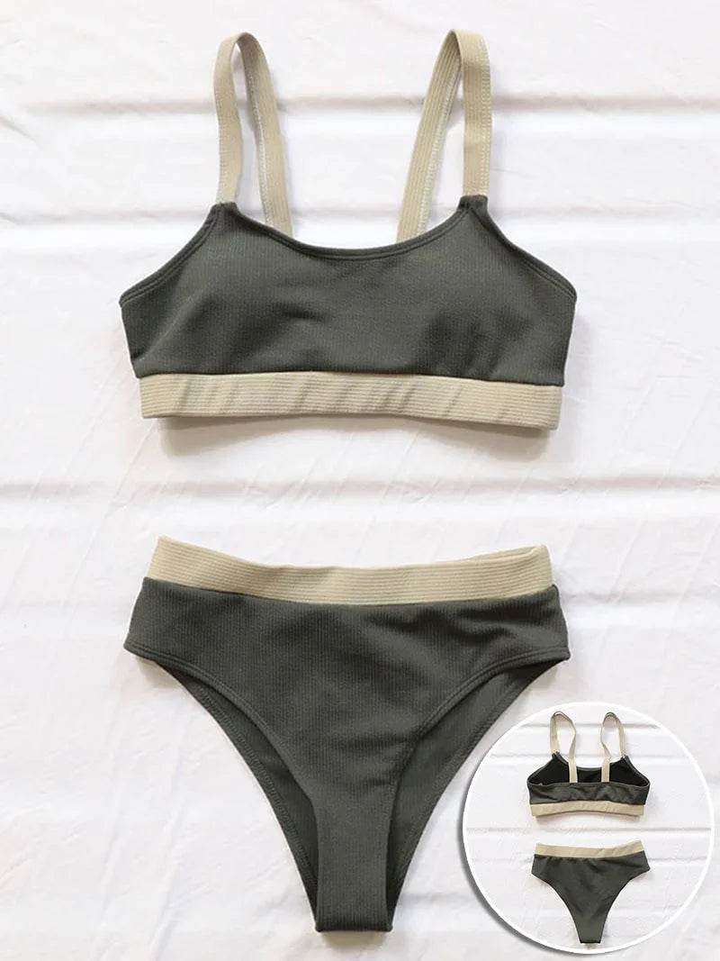 Get Beach-Ready with Our High Waist Ribbed Bikini Swimsuit Set - Shop Now for a Sexy and Stylish High Cut Bathing Suit for Women! - Stylemein
