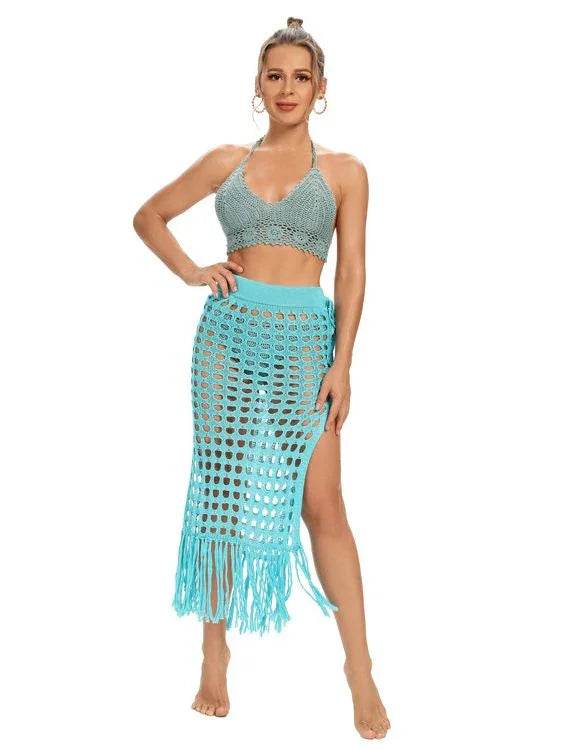 Get Summer-Ready with Our Hollow Out Crochet Cover Up Skirts Beach Maxi Skirt with Tassels - Perfect for Beach Vacations - Stylemein