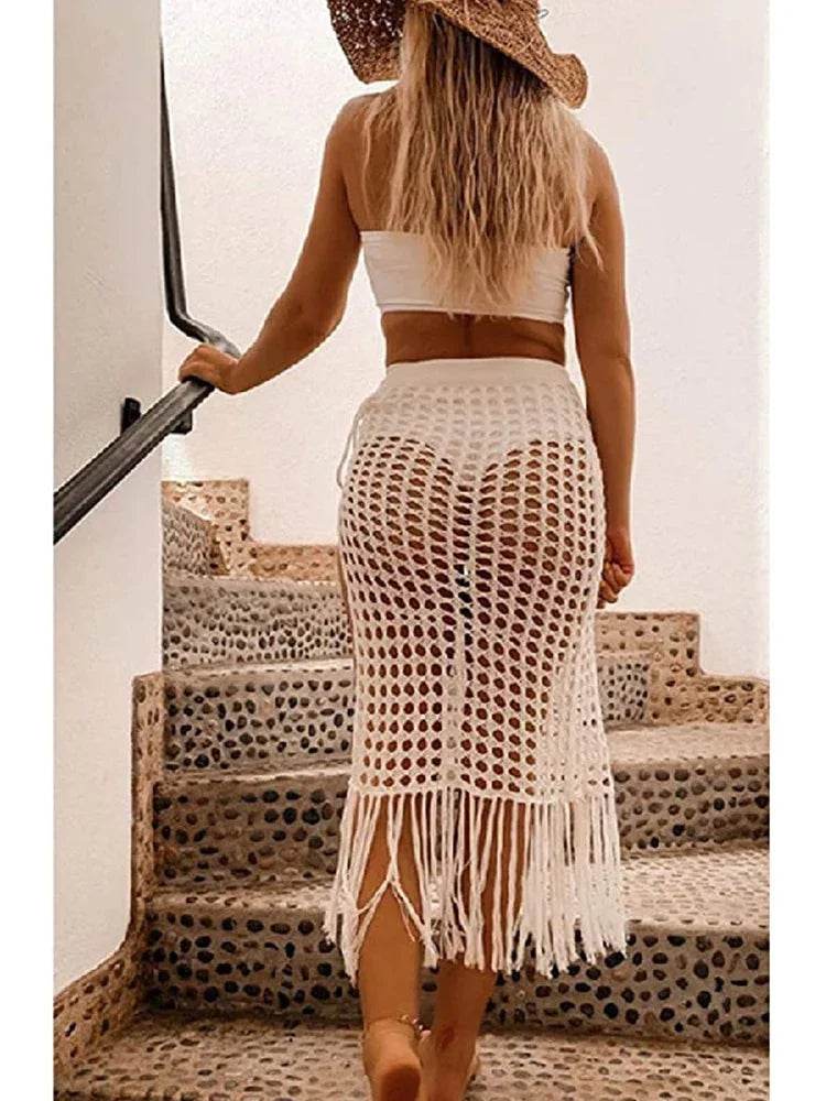 Get Summer-Ready with Our Hollow Out Crochet Cover Up Skirts Beach Maxi Skirt with Tassels - Perfect for Beach Vacations - Stylemein