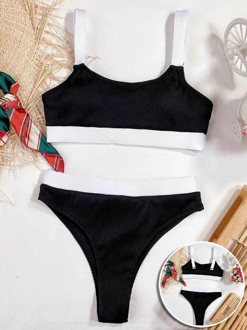 Get Beach-Ready with Our High Waist Ribbed Bikini Swimsuit Set - Shop Now for a Sexy and Stylish High Cut Bathing Suit for Women! - Stylemein