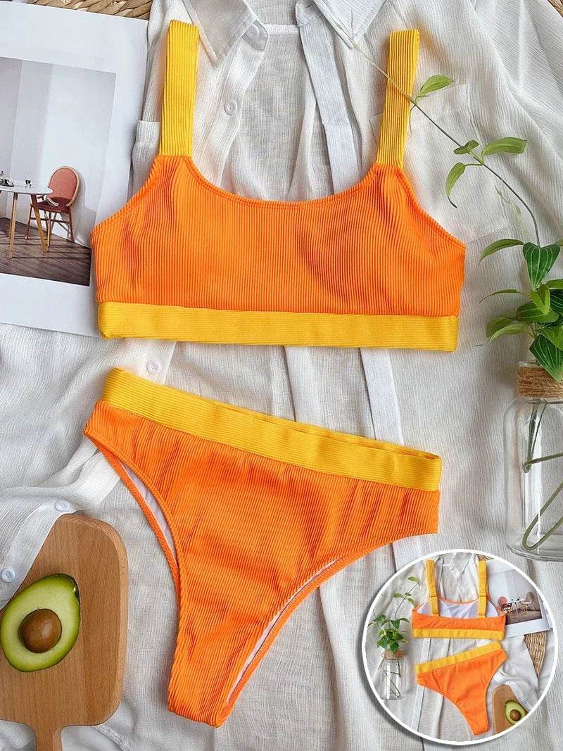 Get Beach-Ready with Our High Waist Ribbed Bikini Swimsuit Set - Shop Now for a Sexy and Stylish High Cut Bathing Suit for Women! - Stylemein