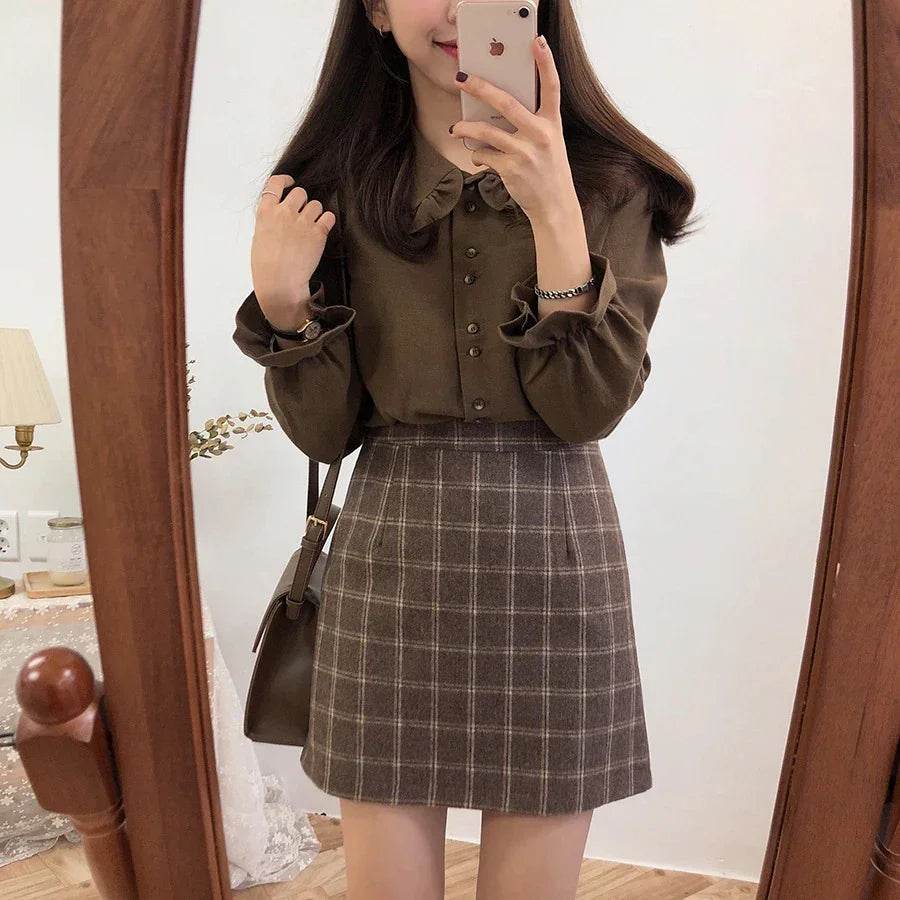 Basic Shirts Blouses Women Fashion Design Korean Preppy Style Flare Sleeve Peter Pan Collar White Button Shirt - Stylemein