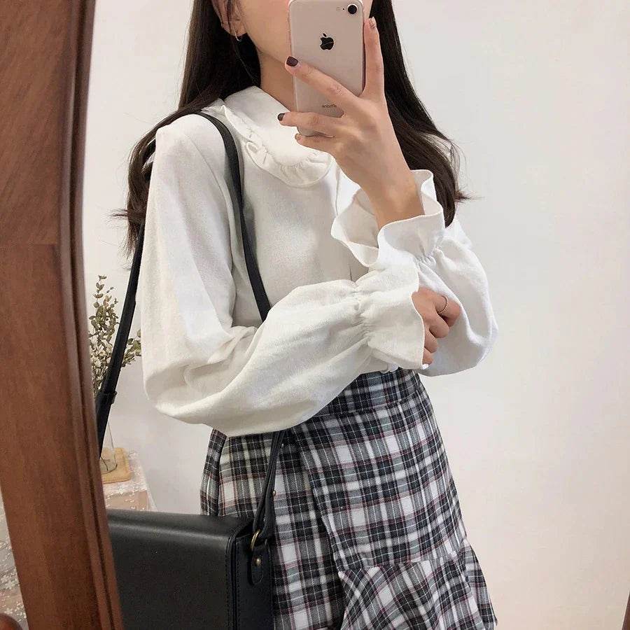 Basic Shirts Blouses Women Fashion Design Korean Preppy Style Flare Sleeve Peter Pan Collar White Button Shirt - Stylemein