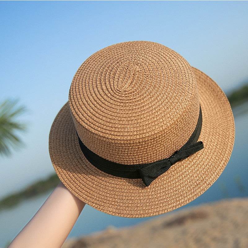 Women’s Summer Straw Hat – Bowknot Flat Brim Beach Cap - Stylemein
