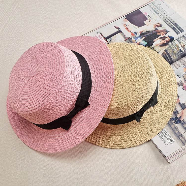 Women’s Summer Straw Hat – Bowknot Flat Brim Beach Cap - Stylemein