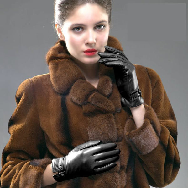 Women Genuine Leather Gloves Ladies Winter Warm Plus Velvet