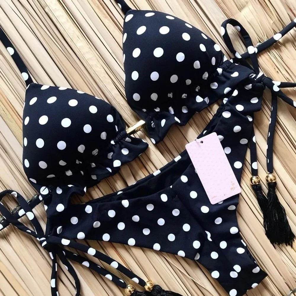 Sexy Floral Print Bikinis Striped Patchwork Swimsuit - Women's Bandage Bikini Set Swimwear Brazilian Beachwear - Stylemein