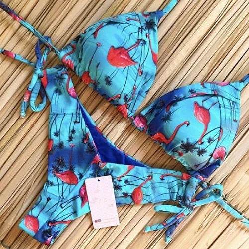 Sexy Floral Print Bikinis Striped Patchwork Swimsuit - Women's Bandage Bikini Set Swimwear Brazilian Beachwear - Stylemein